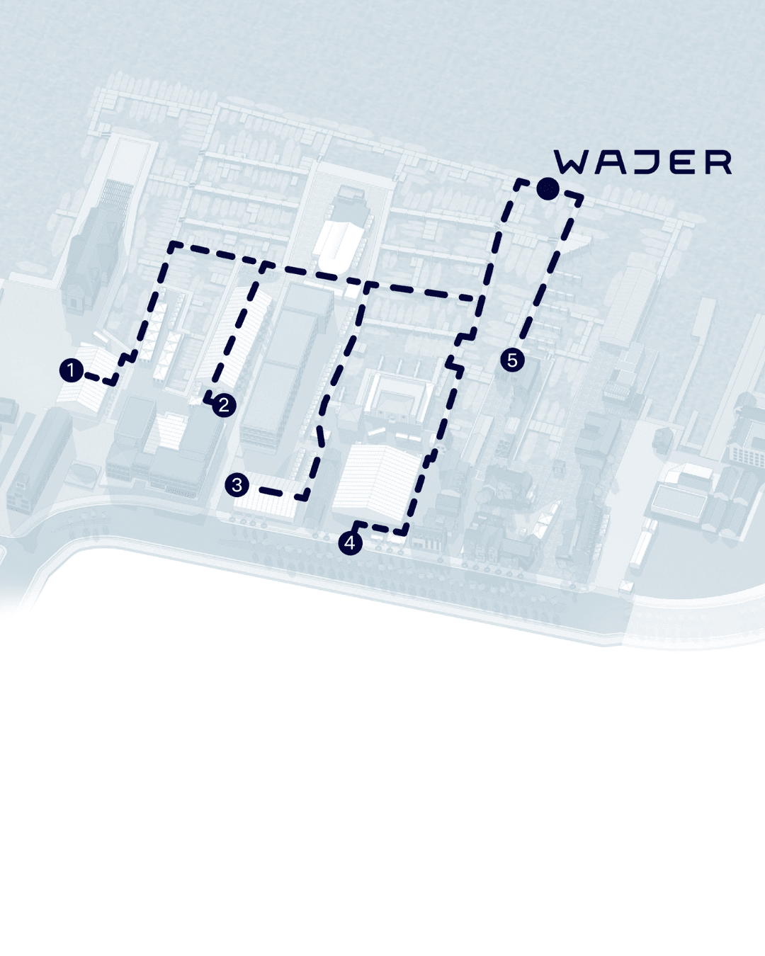 Aerial map with a dashed route marked through five numbered points, ending at "Wajer." The background shows outlined buildings and streets.
